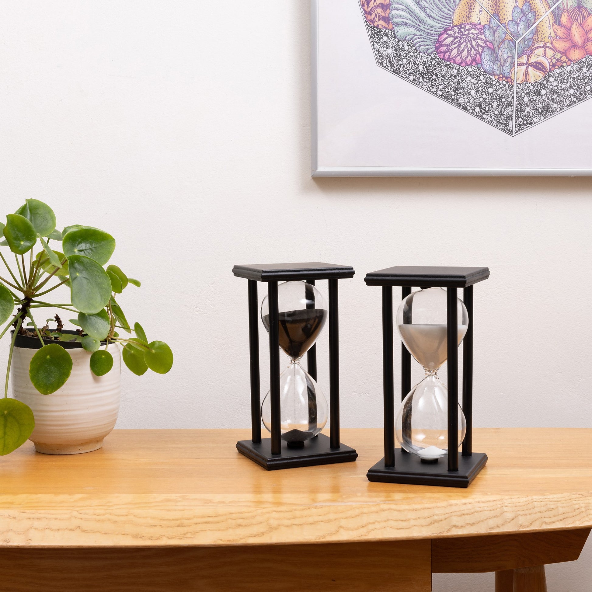 wood frame sand timer with black sand 1 hr