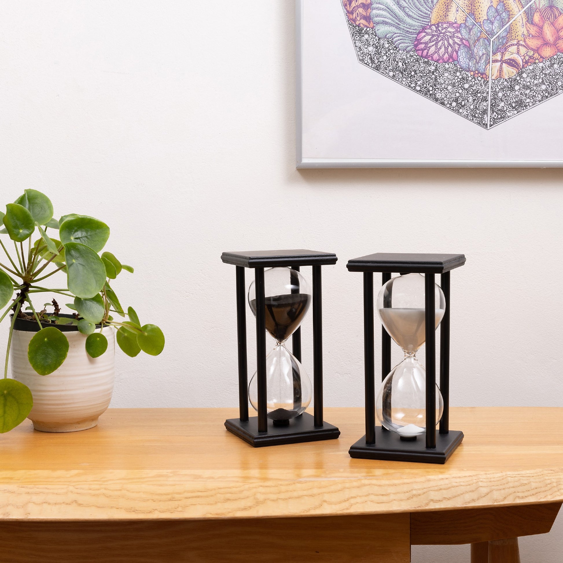 wood frame sand timer with black sand 1 hr 